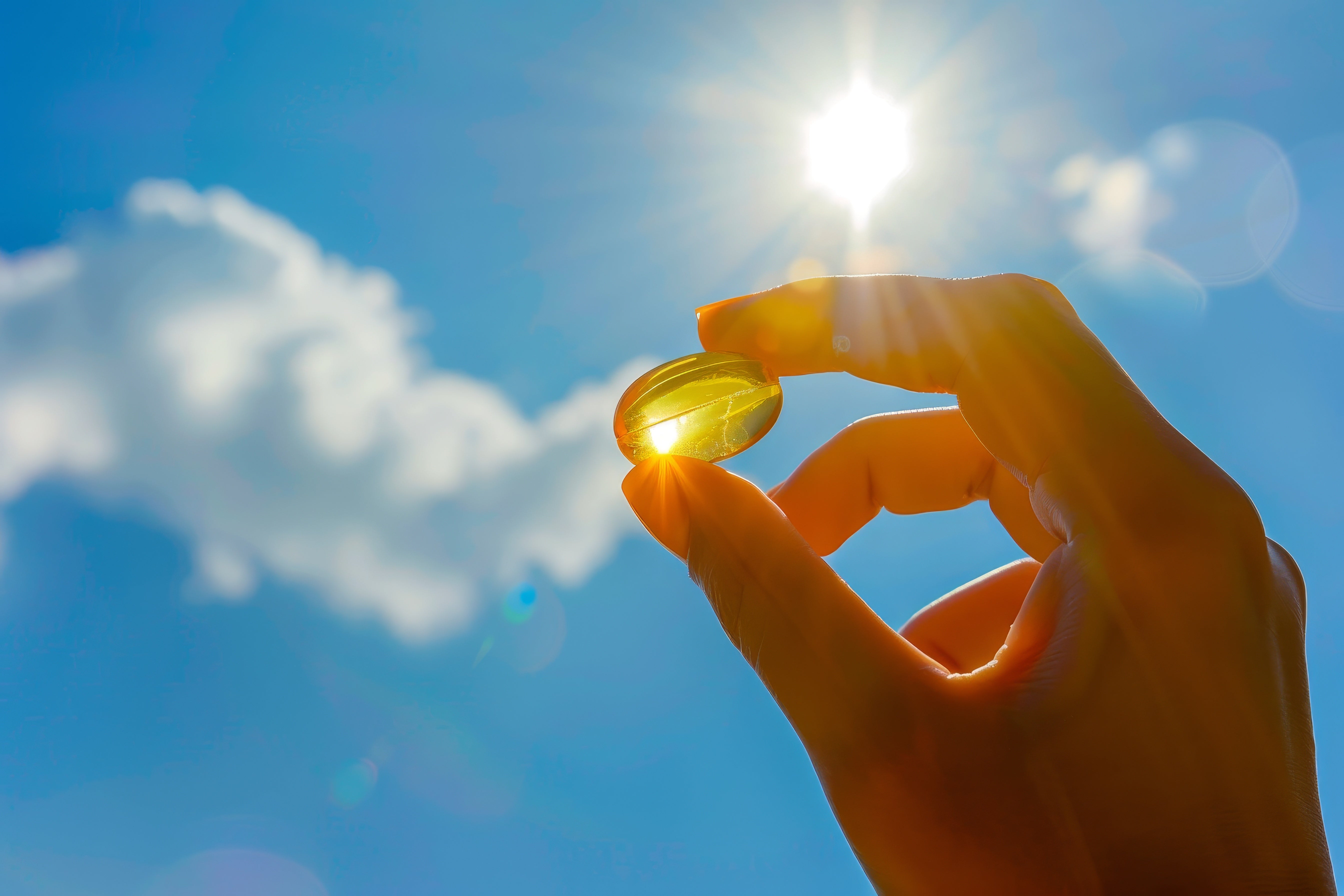 A hand holds a translucent golden-yellow oval supplement capsule against a bright blue sky with clouds and a shining sun.