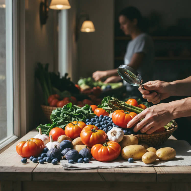 Assorted fruits and vegetables on a table with a person in the background.
