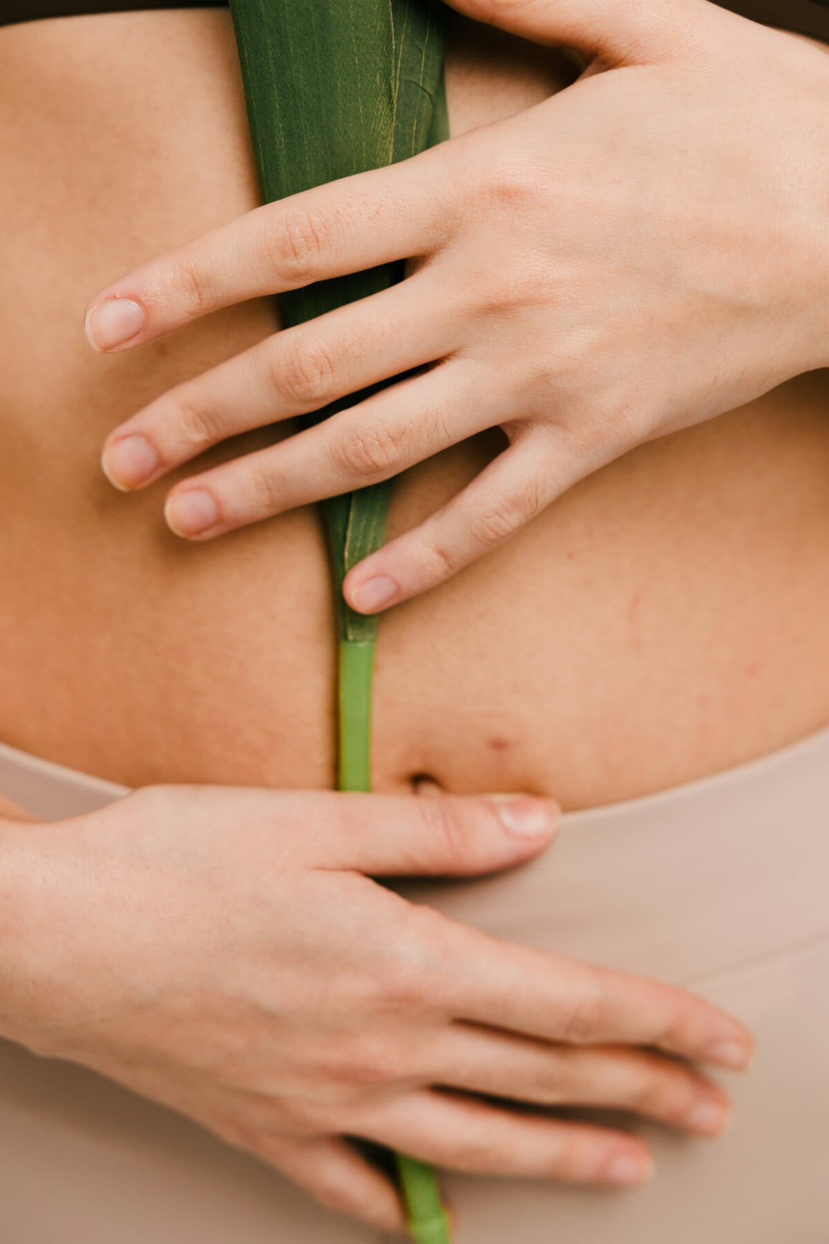 Close-up of a person holding a green leaf against their torso.
